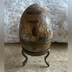 Vintage Hand-Enameled Solid Brass Cloisonné Egg Trinket Box Stand‎ India
